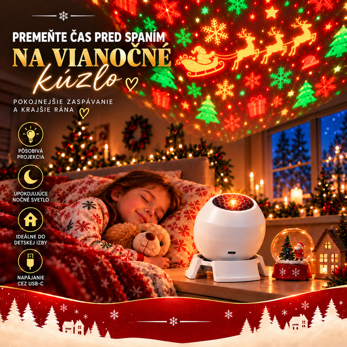 🎅 Čarovná vianočná nočná lampička s projektorom – premeňte každú izbu na rozprávkovú vianočnú krajinu!